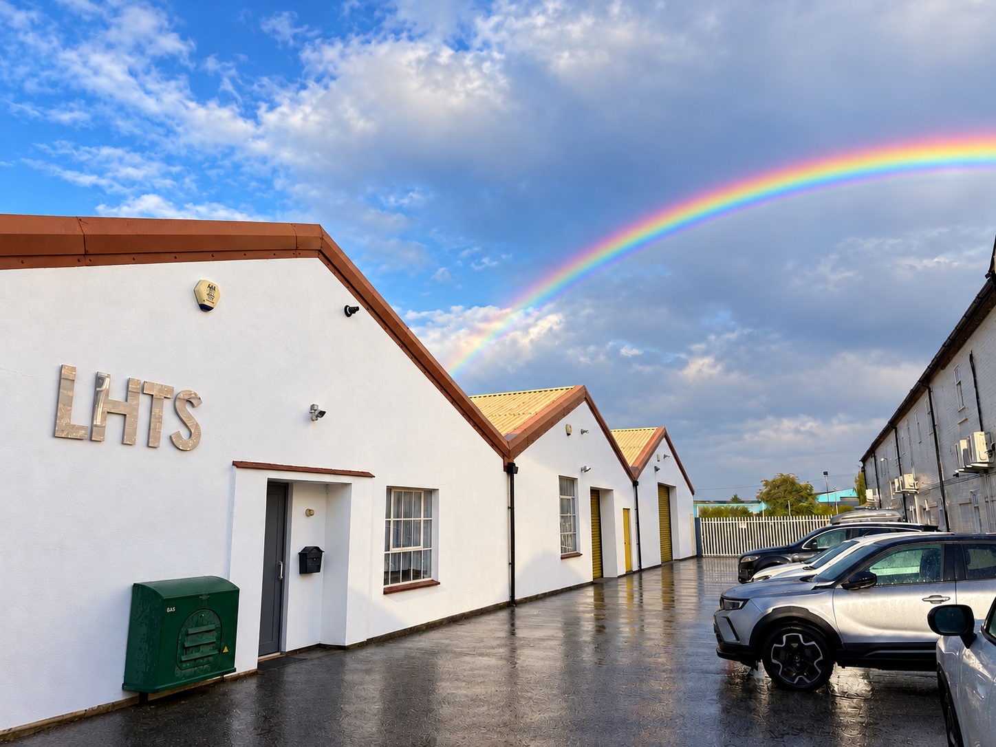A rainbow above the white LHTS studios, with the school sign beside the entrance
