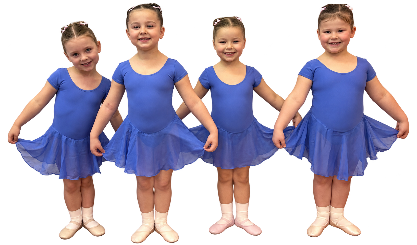 Four junior LHTS dancers wearing Bluebell skirted leotards and ballet shoes